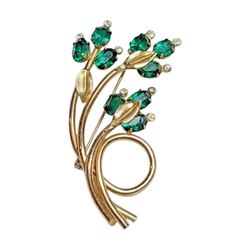 Green Marquise Rhinestone Floral Spray Brooch Pin Gold Tone Prong Vintage